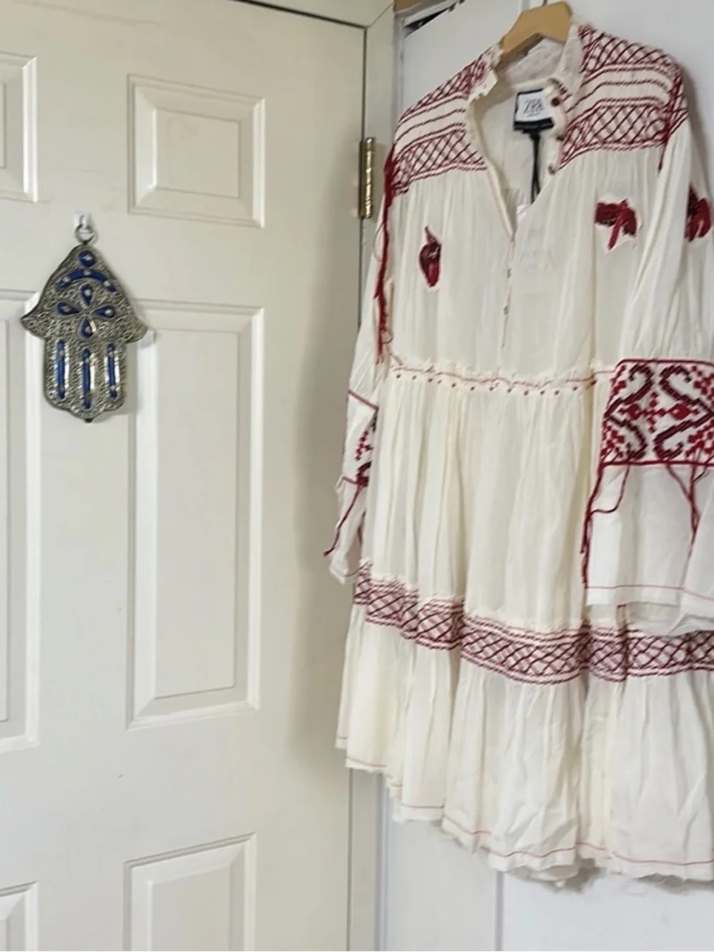White Midi Dress with Red Embroidery
